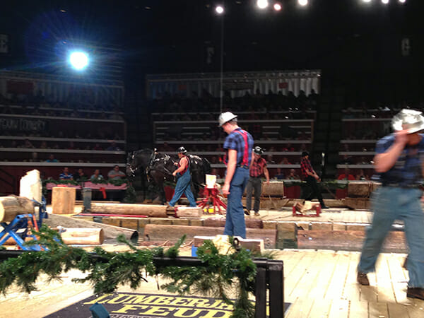 A team of Percherons hauled the heavy logs onstage