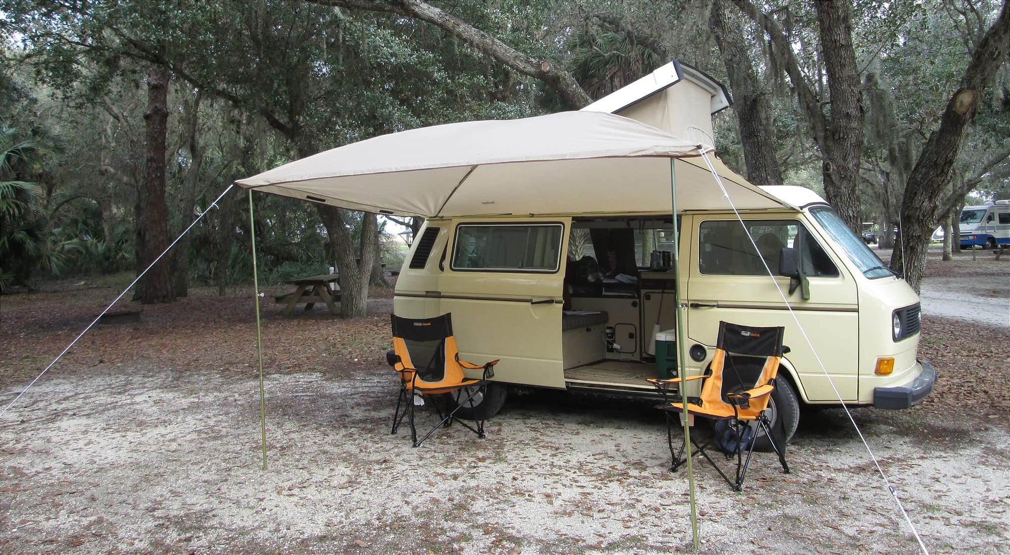 VW camper van parked under a canopy of live oaks