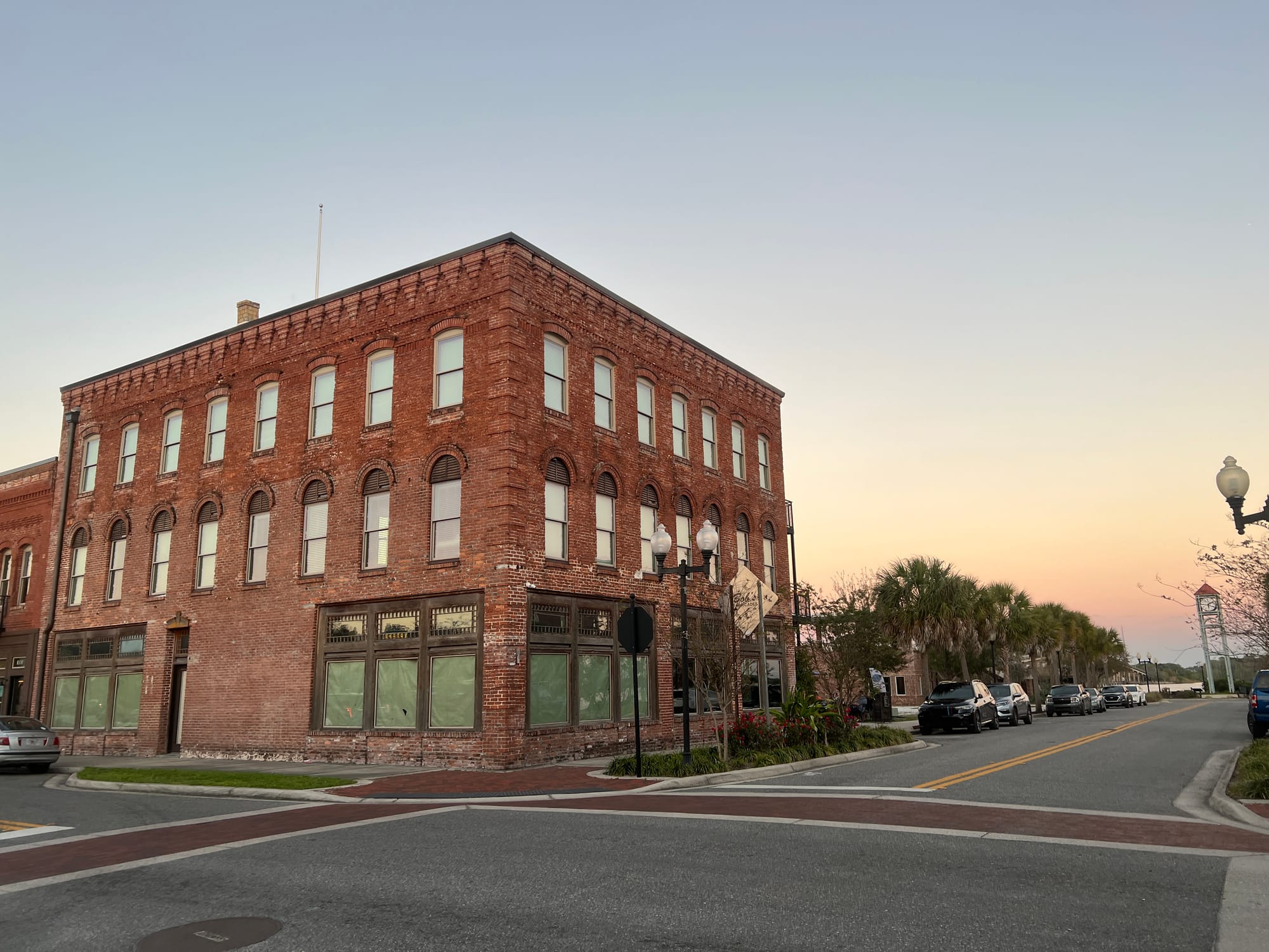 City buildings in a small downtown at sunrise
