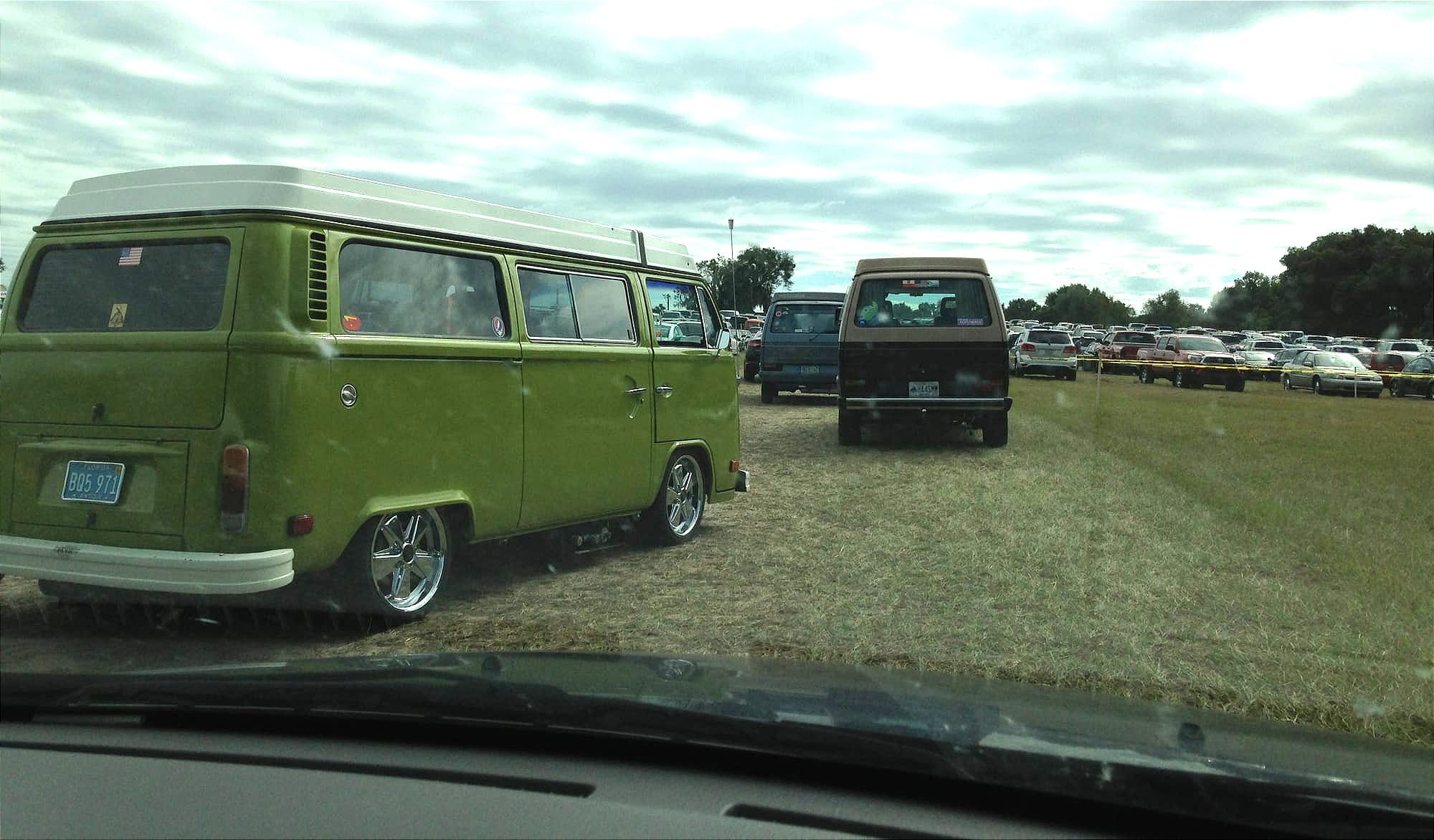 A line of VW Westfalias waiting to park