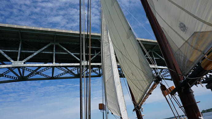 Sailing beneath the George P. Coleman Memorial Bridge