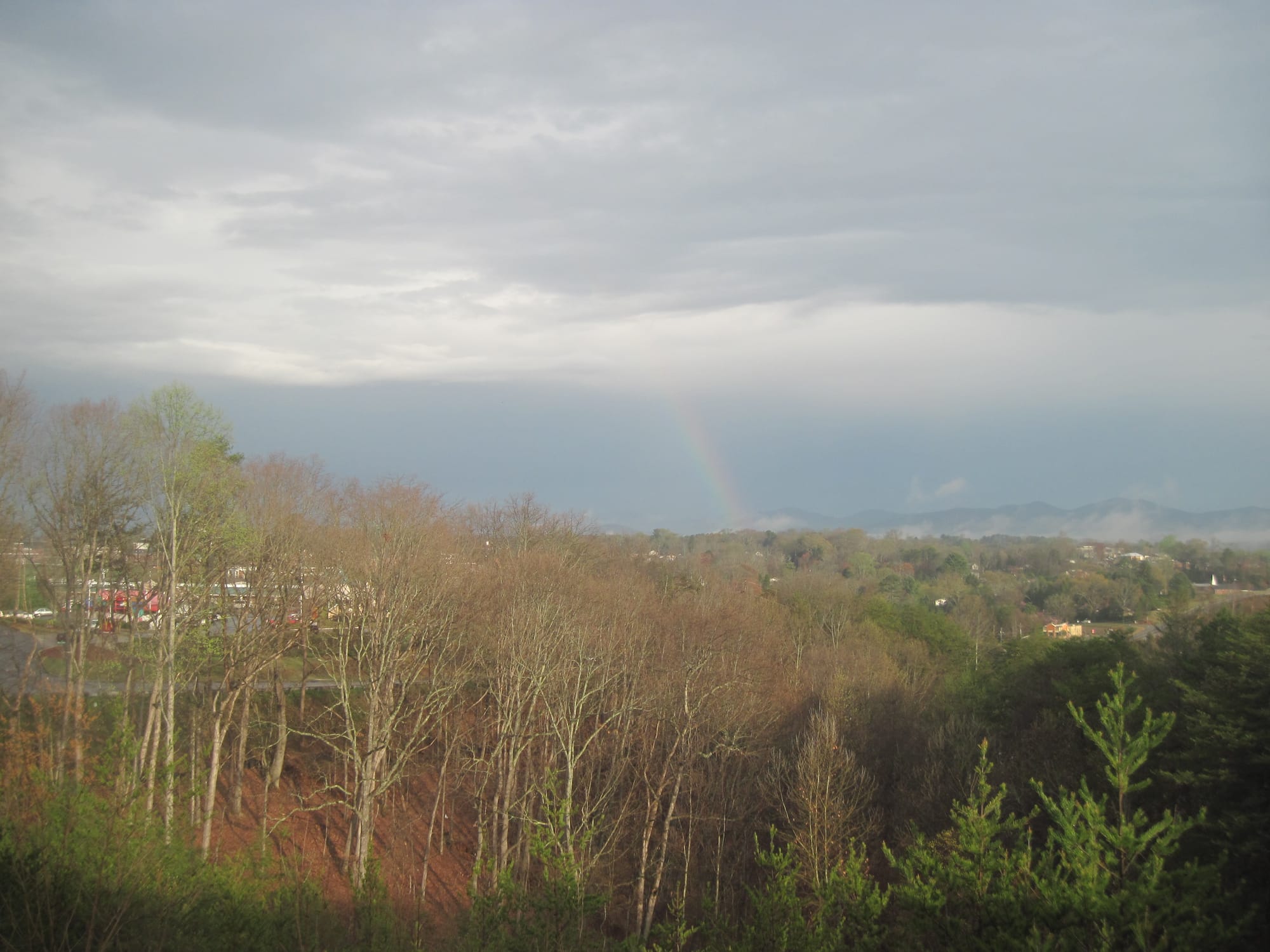 Rainbow in front of a mountain ridge beyond a canopy of early spring green