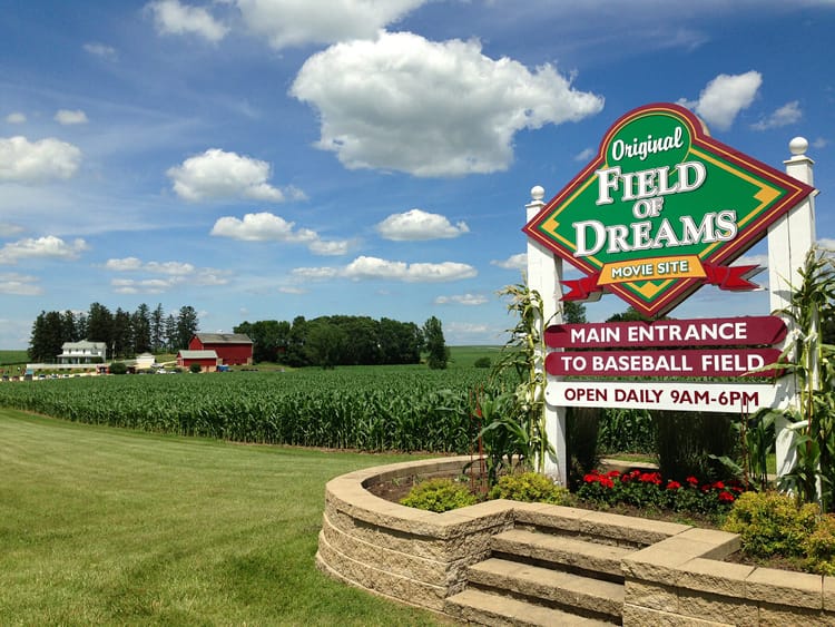 Field of Dreams sign and farmyard with cornfield
