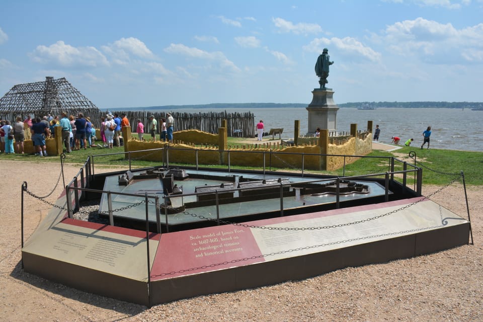 Model of the Jamestown colony adjoins a riverside memorial 